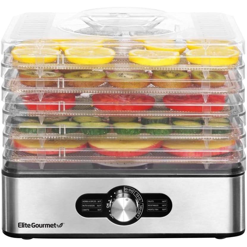 image:imageElite Gourmet EFD319DKG Food Dehydrator 5 BPAFree 114 Trays Adjustable Temperature Controls Jerky Herbs Fruit Veggies Dried Snacks Black and Grey5 Stainless Steel Trays