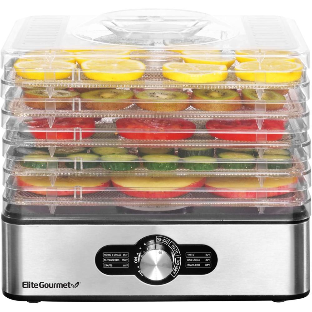 image:imageElite Gourmet EFD3321X Food Dehydrator Stainless Steel Trays Adjustable Temperature Controls Jerky Herbs Fruit Veggies Dried Snacks Stainless Steel