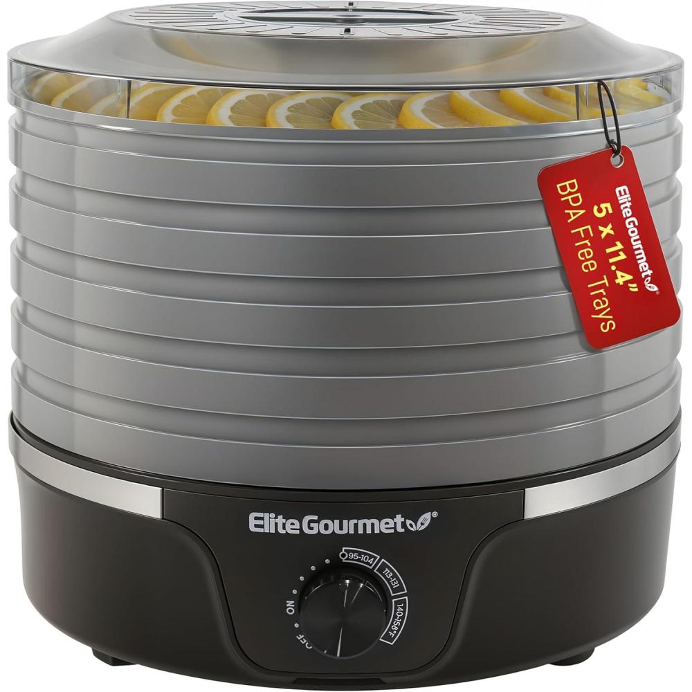 image:imageElite Gourmet EFD809D Food Dehydrator with 5 Stainless Steel Trays Adjustable Temp amp Time Keep Warm Includes Interior Light Fruit Roll Tray and Recipe Booklet BlackBlack and Gray