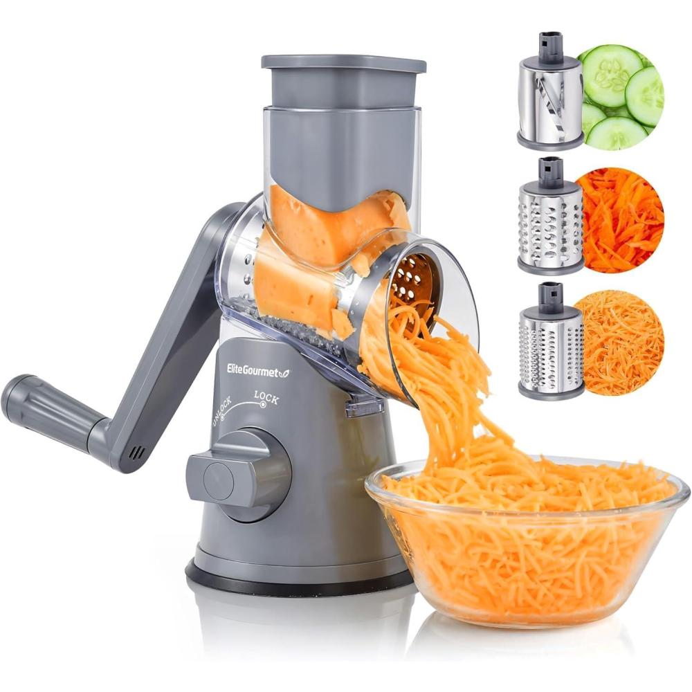 image:imageElite Gourmet EFP593 Rotary Cheese Grater with 3 StainlessSteel Blades for Slicing Shredding amp Fine Shredding Strong Suction Base DishwasherSafe Grey