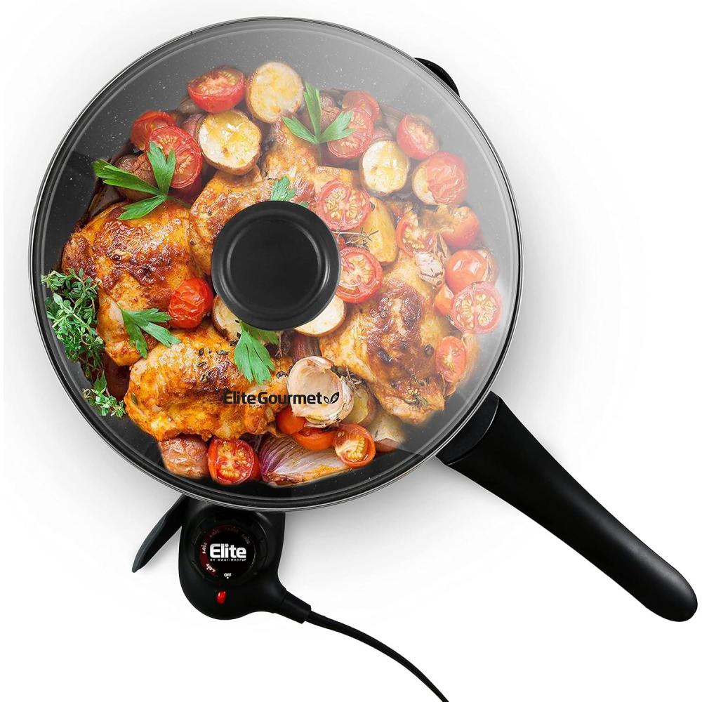 image:imageElite Gourmet EGL6101 Personal Stir Fry Griddle Pan Rapid Heat Up 650 Watts Nonstick Electric Skillet with Tempered Glass Lid Red105 2 Qt