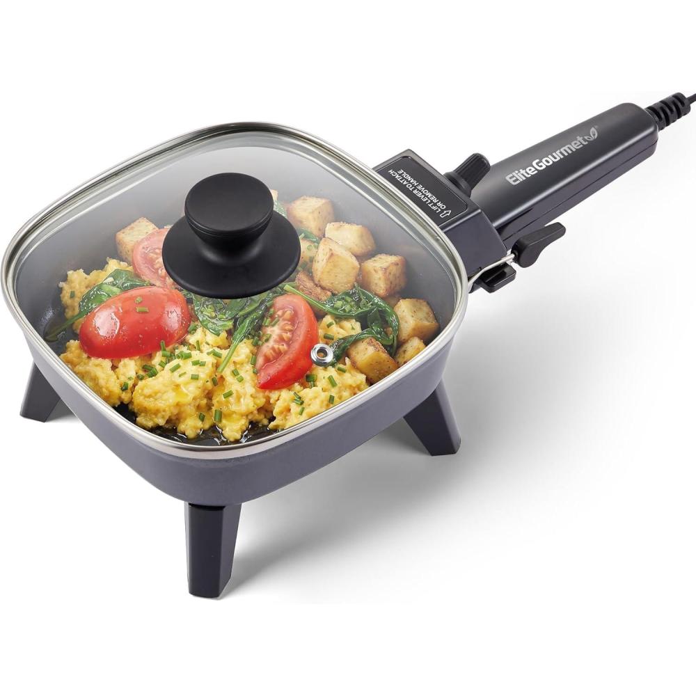 image:imageElite Gourmet EGL6101 Personal Stir Fry Griddle Pan Rapid Heat Up 650 Watts Nonstick Electric Skillet with Tempered Glass Lid Red7