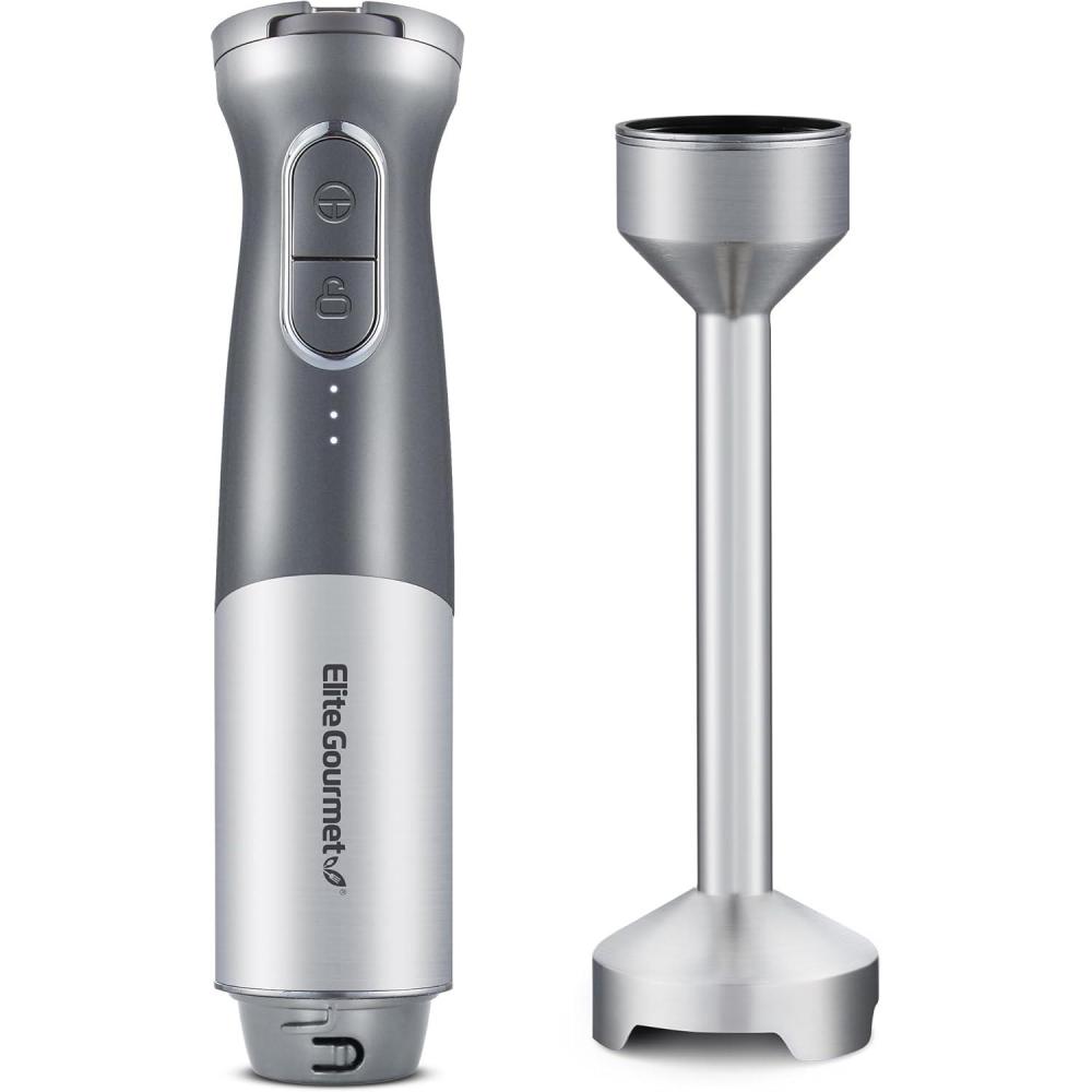 image:imageElite Gourmet EHB1324 Cordless Rechargeable Hand Blender Variable 5Speed Blending OneTouch Power Button amp Safety Lock Stainless Steel Blades Portable Sauces Soup Smoothies Baby Food GrayGranite