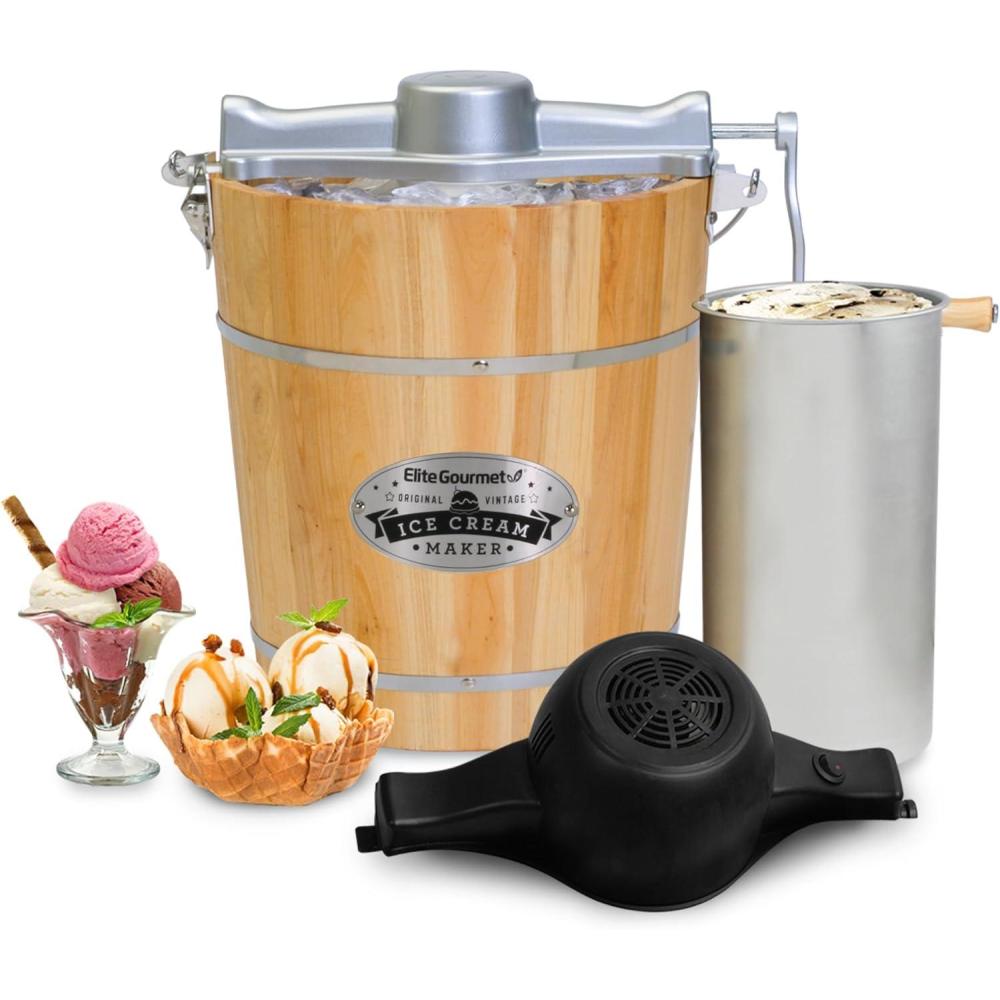 image:imageElite Gourmet EIM418 Old Fashioned 4 Quart Vintage Walnut Wood Bucket Electric Ice Cream Maker Machine Uses Ice and Rock Salt Churns Ice Cream in MinutesPine