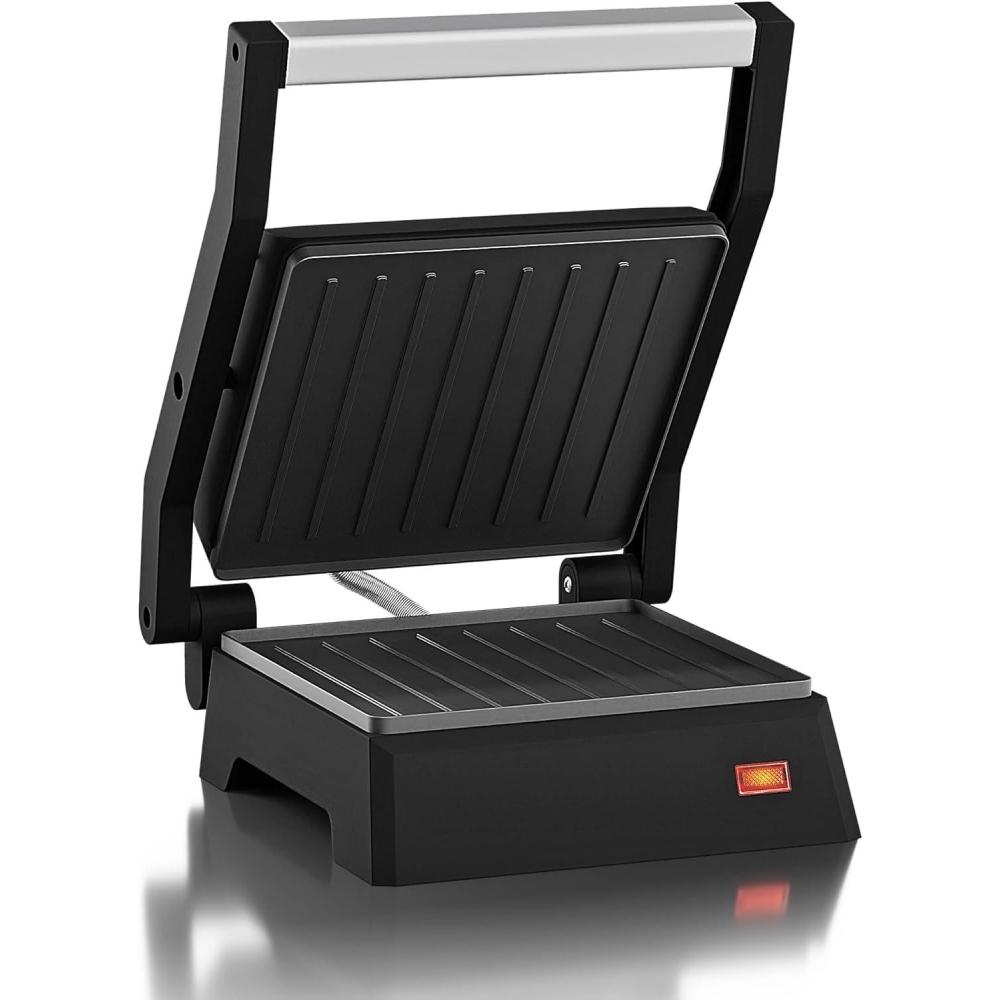 image:imageElite Gourmet EPN160 55 x 53 Multifunctional Compact Electric Panini Press Contact Grill 180 Flat Grill Lightweight Floating Topplate Cooltouch Handle NonStick Surface Black55 x 53