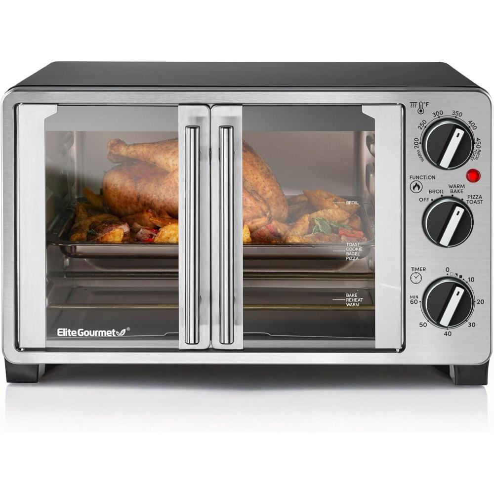 image:imageElite Gourmet ETO4510B French Door 475Qt 18Slice Convection Oven 4Control Knobs Bake Broil Toast Rotisserie Keep Warm Includes 2 x 12 Pizza Racks Stainless SteelStainless Steel and Black