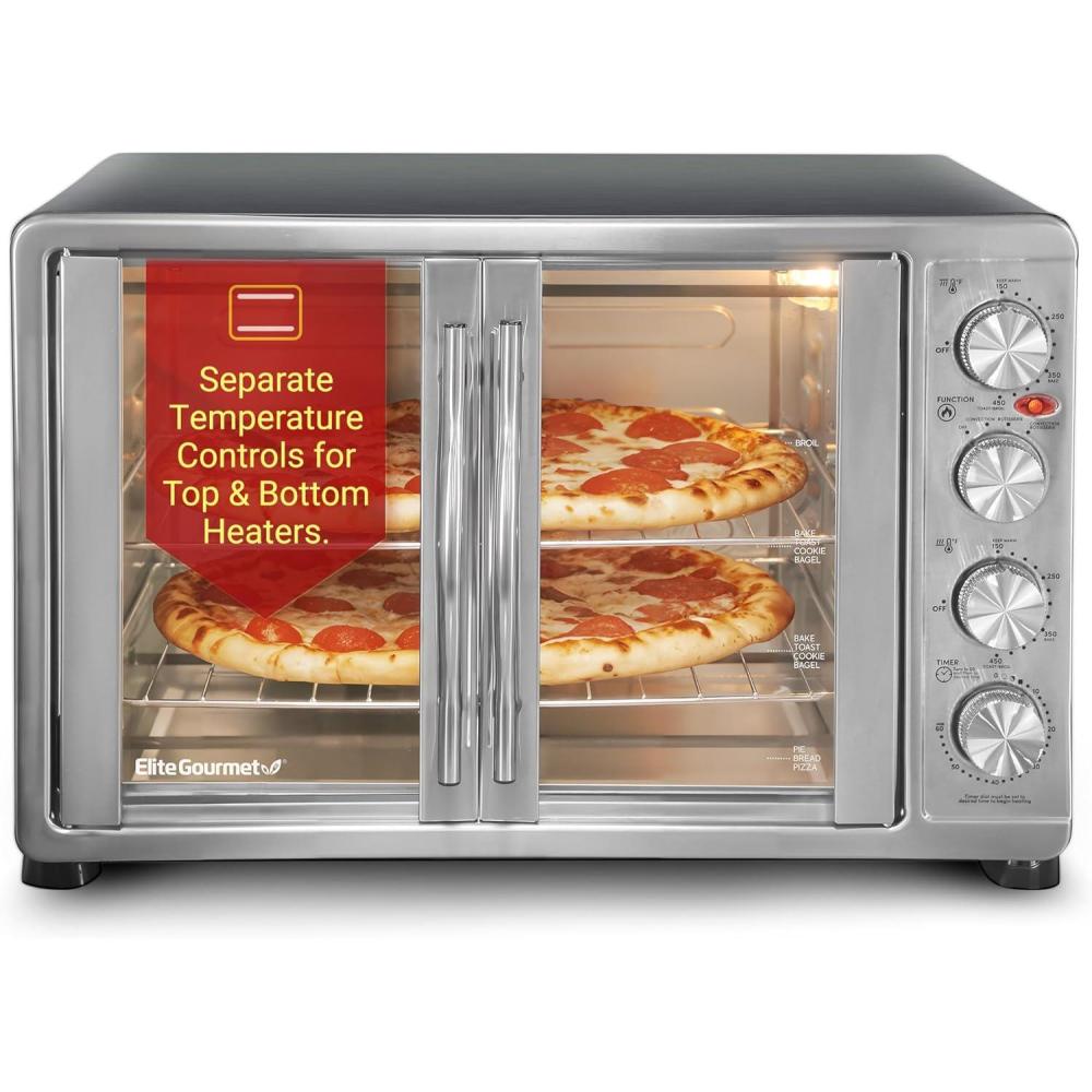 image:imageElite Gourmet ETO4510M French Door 475Qt 18Slice Convection Oven 4Control Knobs Bake Broil Toast Rotisserie Keep Warm Includes 2 x 12 Pizza Racks Stainless Steel18Slice  45L
