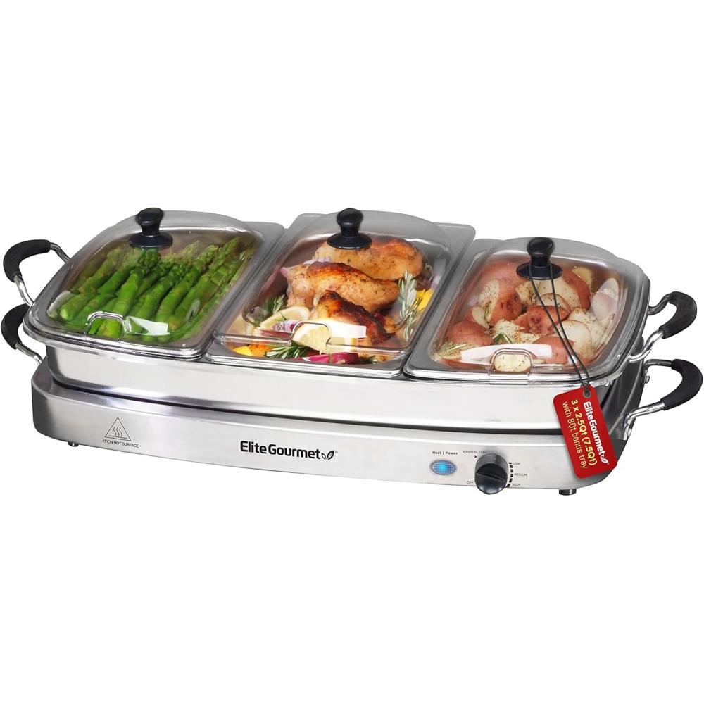 image:imageElite Gourmet EWM9933 Triple 3 x 25 Quart Trays Buffet Server 75 Qt Oven Safe Pan Food Warmer Temperature Control Clear Slotted Lids Perfect for Parties Entertaining amp Holidays Stainless Steel75 Quart  4 Trays