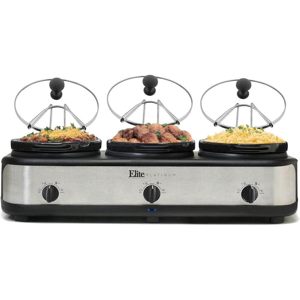 image:imageElite Gourmet EWMST325R MaxiMatic Triple Slow Cooker Buffet Server Adjustable Temp DishwasherSafe Oval Ceramic Pots Lid Rests 3 x 25 Qt Capacity RedStainless Steel
