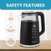 Elite Gourmet 1.7L Dual Wall Cool Touch Electric Tea Kettle, Borosilicate Glass, 304 Stainless Steel Interior, Programmed Digital Touchscreen, Keep Warm, Auto Off & Audible Indicator, Black(1.9 Quarts)