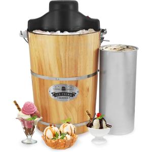 Americana EIM-1400R 1.5 Qt Freezer Bowl Automatic Easy Homemade Electric Ice Cream Maker, Ingredient Chute, On/Off Switch, No Salt Needed, Creamy Ice Cream, Gelato, Frozen Yogurt, Sorbet, Recipe Book(Pine)