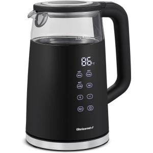 Elite Gourmet 1.7L Dual Wall Cool Touch Electric Tea Kettle, Borosilicate Glass, 304 Stainless Steel Interior, Programmed Digital Touchscreen, Keep Warm, Auto Off & Audible Indicator, Black(1.9 Quarts)