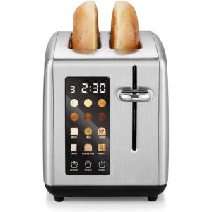 Elite Gourmet 2-Slice Toaster with Digital Countdown, Extra-Wide Slots for Bagels & Thick Bread, One-Touch Presets, Stainless Steel, Defrost/Reheat/Cancel(Gloss Black)