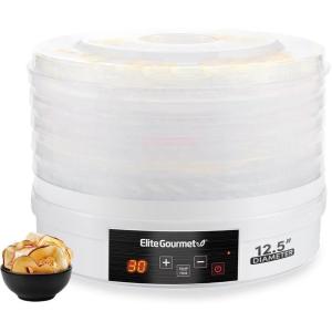 Elite Gourmet EFD770WD Digital Food Dehydrator with 5×12.5” BPA Free Trays, Adjustable 48-hr Timer and Temperature from 95~158F, Jerky, Herbs, Fruit, Veggies, Dried Snacks, White(White)