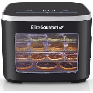 Elite Gourmet EFD809D Food Dehydrator with 5 Stainless Steel Trays, Adjustable Temp & Time + Keep Warm, Includes Interior Light, Fruit Roll Tray and Recipe Booklet, Black(Black)