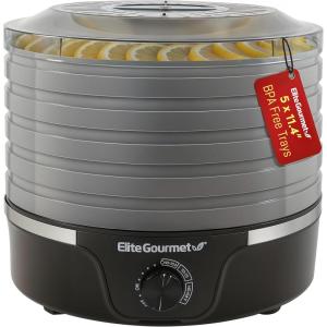 Elite Gourmet EFD809D Food Dehydrator with 5 Stainless Steel Trays, Adjustable Temp & Time + Keep Warm, Includes Interior Light, Fruit Roll Tray and Recipe Booklet, Black(Black and Gray)
