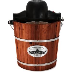 Elite Gourmet EIM418 Old Fashioned 4 Quart Vintage Walnut Wood Bucket, Electric Ice Cream Maker Machine, Uses Ice and Rock Salt Churns Ice Cream in Minutes(Walnut)