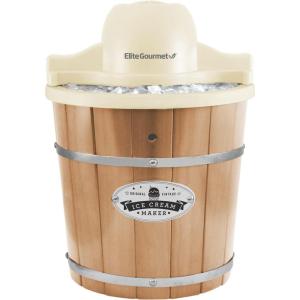 Elite Gourmet EIM916 Old Fashioned 6 Quart Vintage Wood Bucket Electric Ice Cream Maker Machine Appalachian, Bonus Classic Die-Cast Hand Crank for Churning, Uses Ice and Rock Salt(Cream)