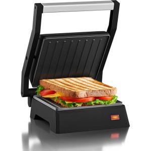 Elite Gourmet EPN-2976 2-in-1 Nonstick Panini Press & Indoor Grill, Opens 180-Degree Gourmet Sandwich Maker, Floating Hinge Fits All Foods, Contact Grill with Removable Grease Tray, Stainless Steel(Black)
