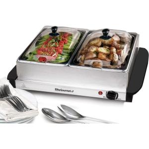 Elite Gourmet EWM-6122 Dual 2 x 2.5 Qt. Trays, Buffet Server, Food Warmer Temperature Control, Clear Slotted Lids, Perfect for Parties, Entertaining & Holidays, 5 Qt Total, Stainless Steel(5 Quart / 2 Trays)