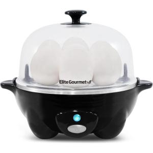 Elite Gourmet Easy Electric 7 Egg Capacity Soft, Medium, Hard-Boiled Cooker Poacher, Scrambled, Omelet Maker with Auto Shut-Off and Buzzer, BPA Free(Black)
