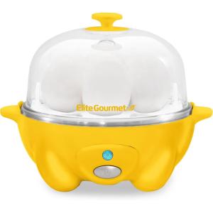 Elite Gourmet Easy Electric 7 Egg Capacity Soft, Medium, Hard-Boiled Cooker Poacher, Scrambled, Omelet Maker with Auto Shut-Off and Buzzer, BPA Free(Yellow)