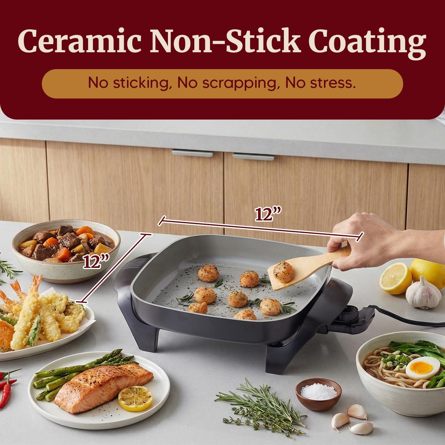 image:imageElite Gourmet 12 x 12 x 3 Ceralast PFAS Free Ceramic Electric Skillet Dishwasher Safe Xtra Deep Dish Rapid Heat 1200W Black6Qt