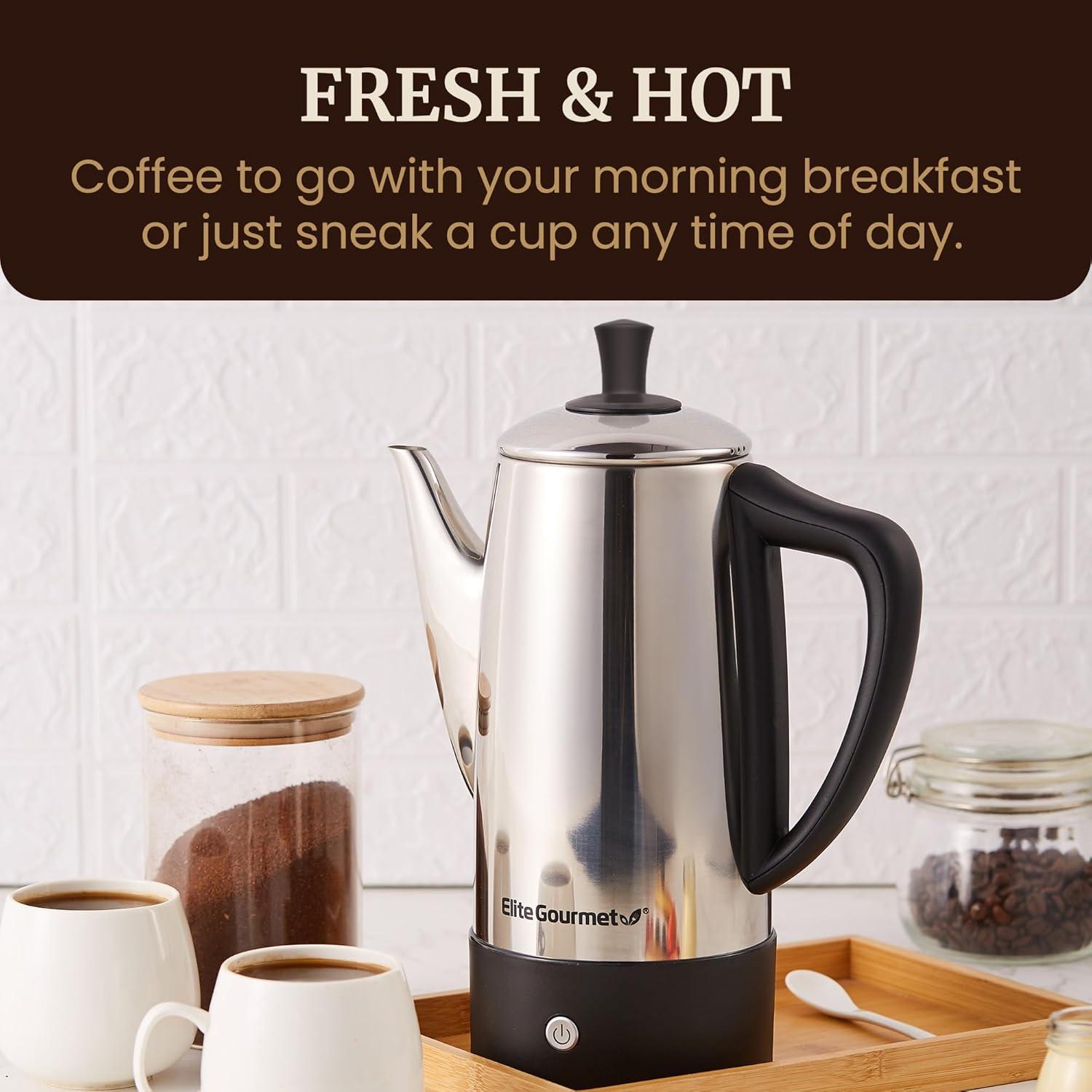 image:imageElite Gourmet 12Cup Electric Coffee Percolator Dishwasher Safe StainlessSteel Filter Lid amp Tube Keep Warm 360 Swivel Base Cordless Serving StainlessSteel