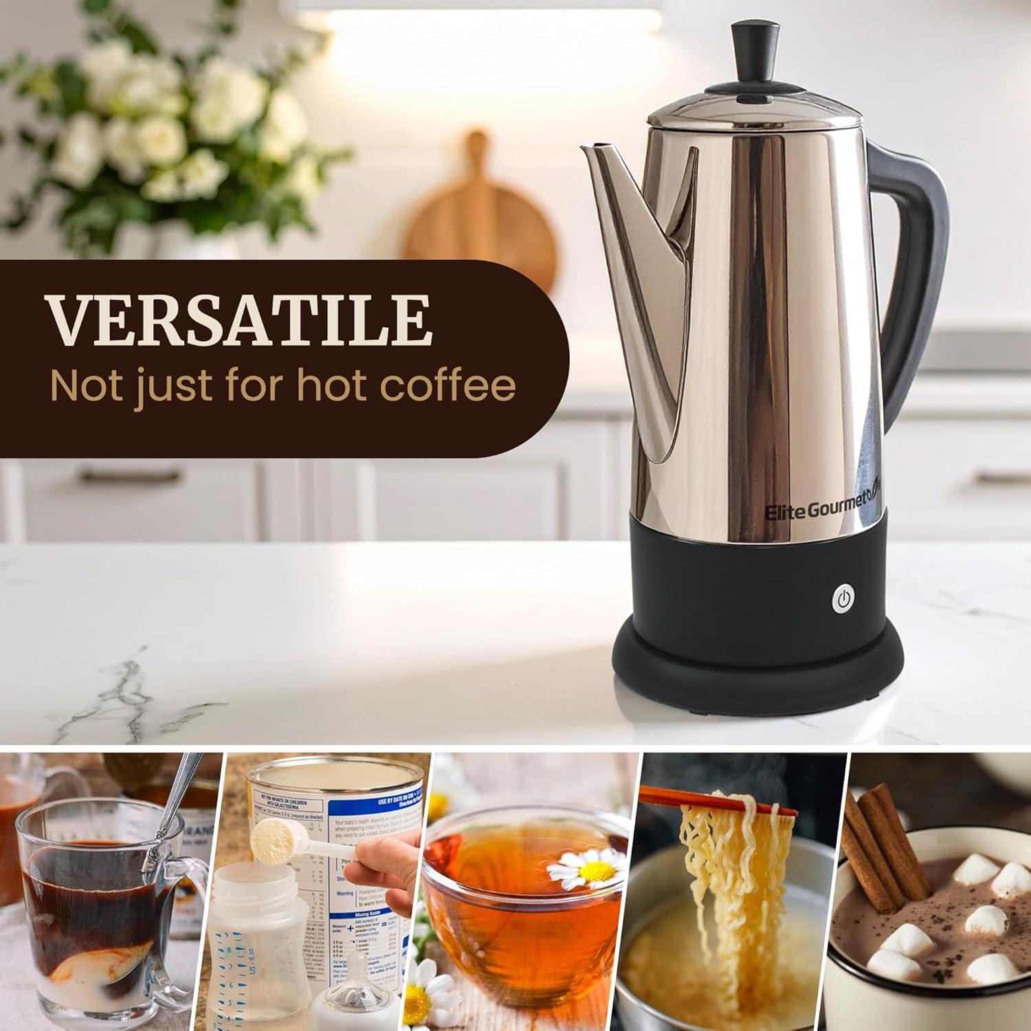 image:imageElite Gourmet 12Cup Electric Coffee Percolator Dishwasher Safe StainlessSteel Filter Lid amp Tube Keep Warm 360 Swivel Base Cordless Serving StainlessSteel