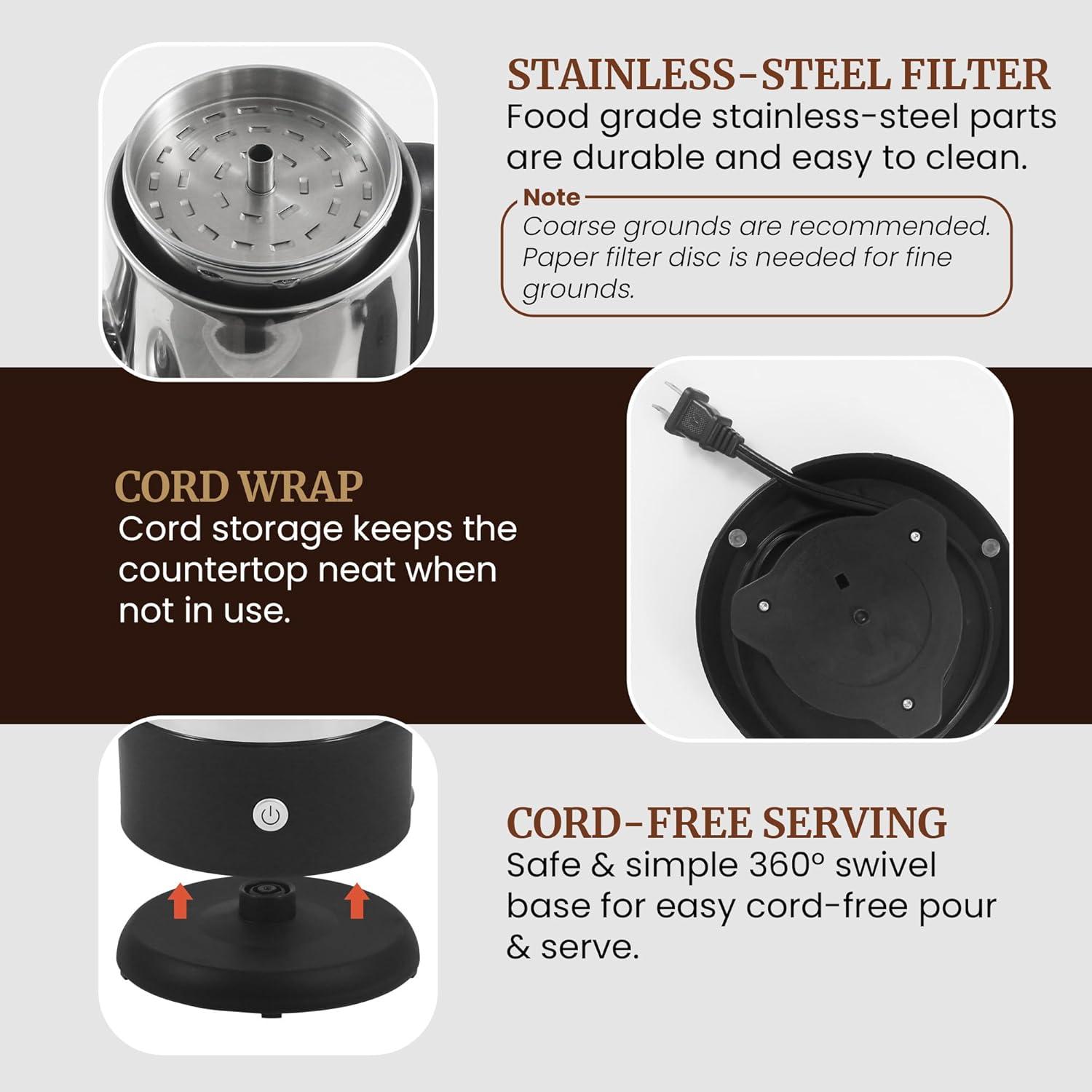 image:imageElite Gourmet 12Cup Electric Coffee Percolator Dishwasher Safe StainlessSteel Filter Lid amp Tube Keep Warm 360 Swivel Base Cordless Serving StainlessSteel