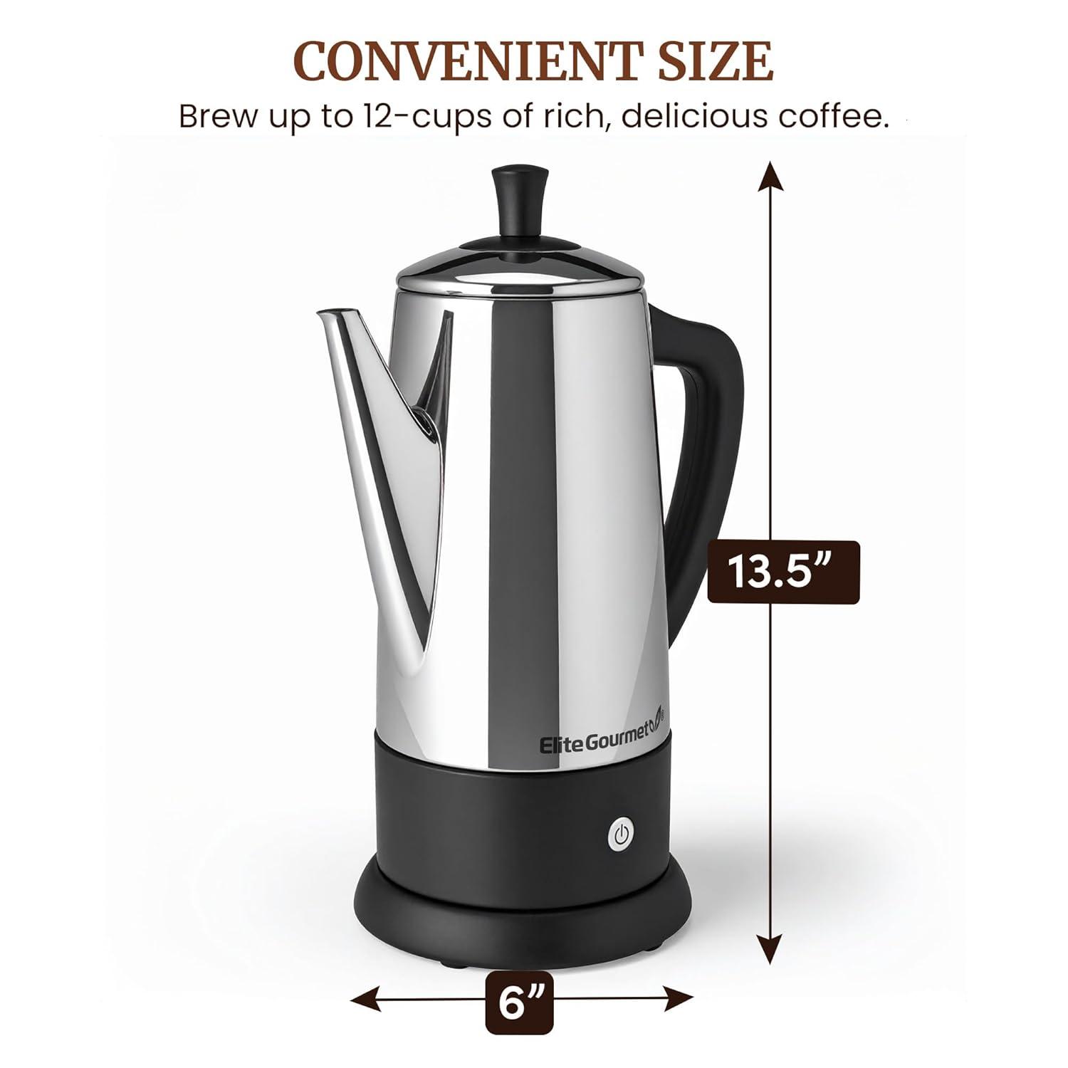 image:imageElite Gourmet 12Cup Electric Coffee Percolator Dishwasher Safe StainlessSteel Filter Lid amp Tube Keep Warm 360 Swivel Base Cordless Serving StainlessSteel