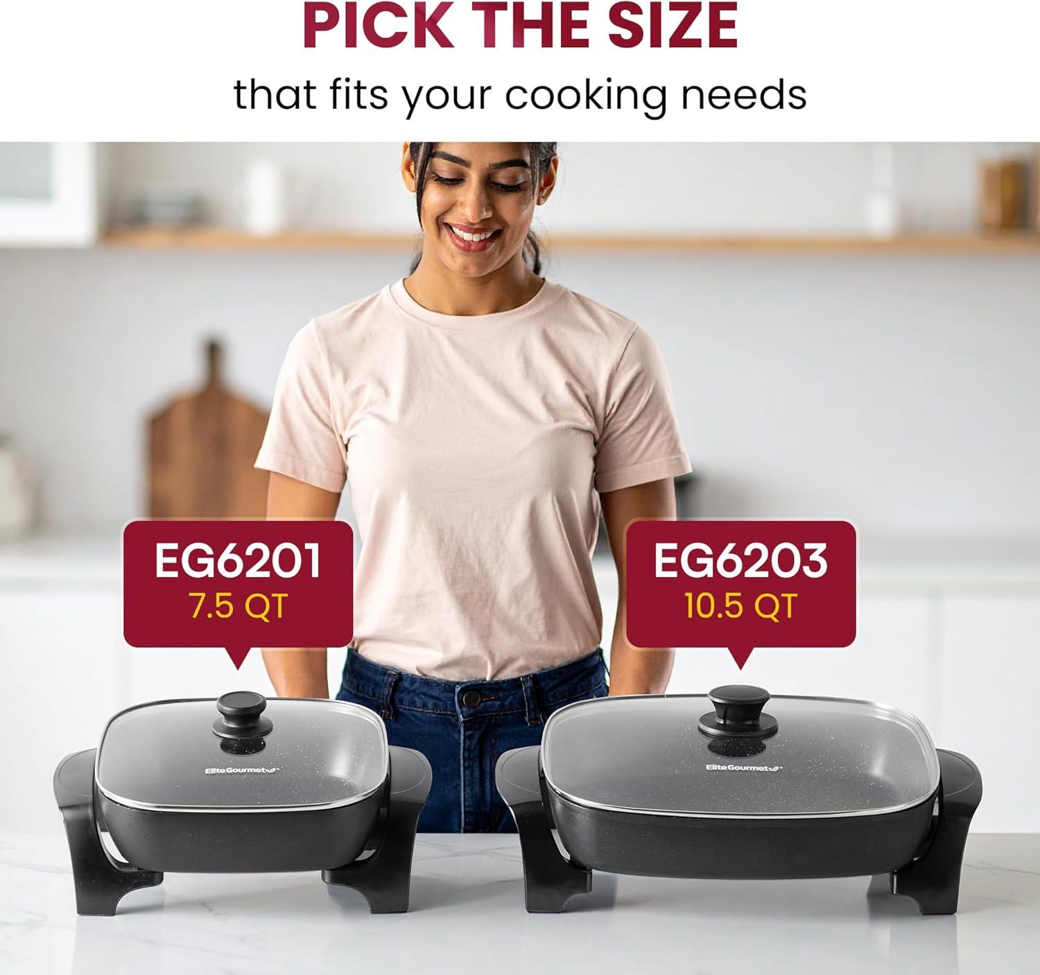 image:imageElite Gourmet 15 x 12 x 4 Electric Skillet Xtra Deep Dish Ceralast PFAS Free Ceramic 1500W Rapid Heat Tempered Glass Vented Lid Dishwasher Safe 125 Qt BlackGray105Qt