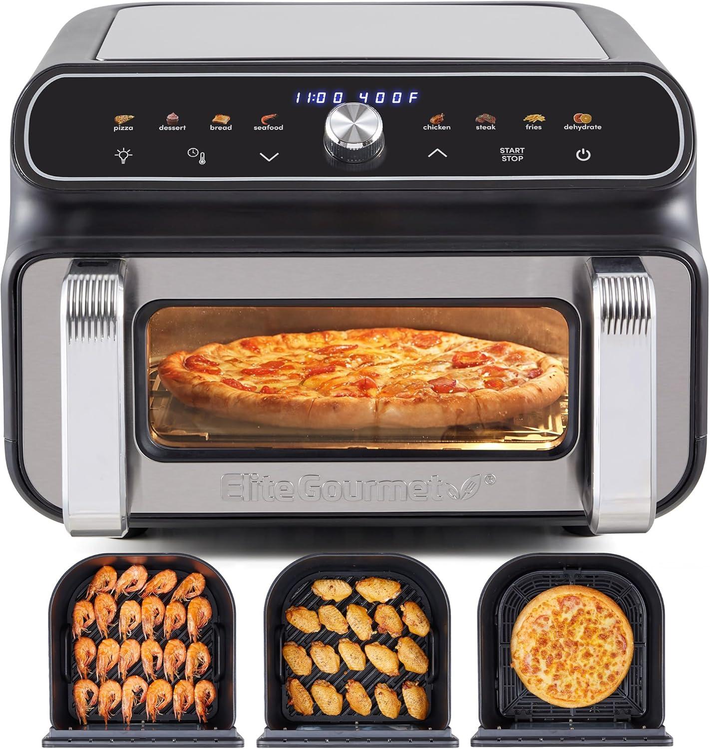 image:imageElite Gourmet EAF2411G Digital Indoor GrillAir Fryer Oven 11L Capacity Grill Rack 8 Presets Bake Roast Broil Dehydrate 1700Watts 25 Delicious Recipes StainlessSteelBlackBlack