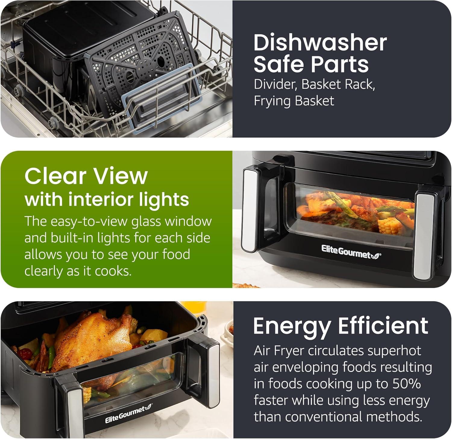 image:imageElite Gourmet EAF2411G Digital Indoor GrillAir Fryer Oven 11L Capacity Grill Rack 8 Presets Bake Roast Broil Dehydrate 1700Watts 25 Delicious Recipes StainlessSteelBlackBlack