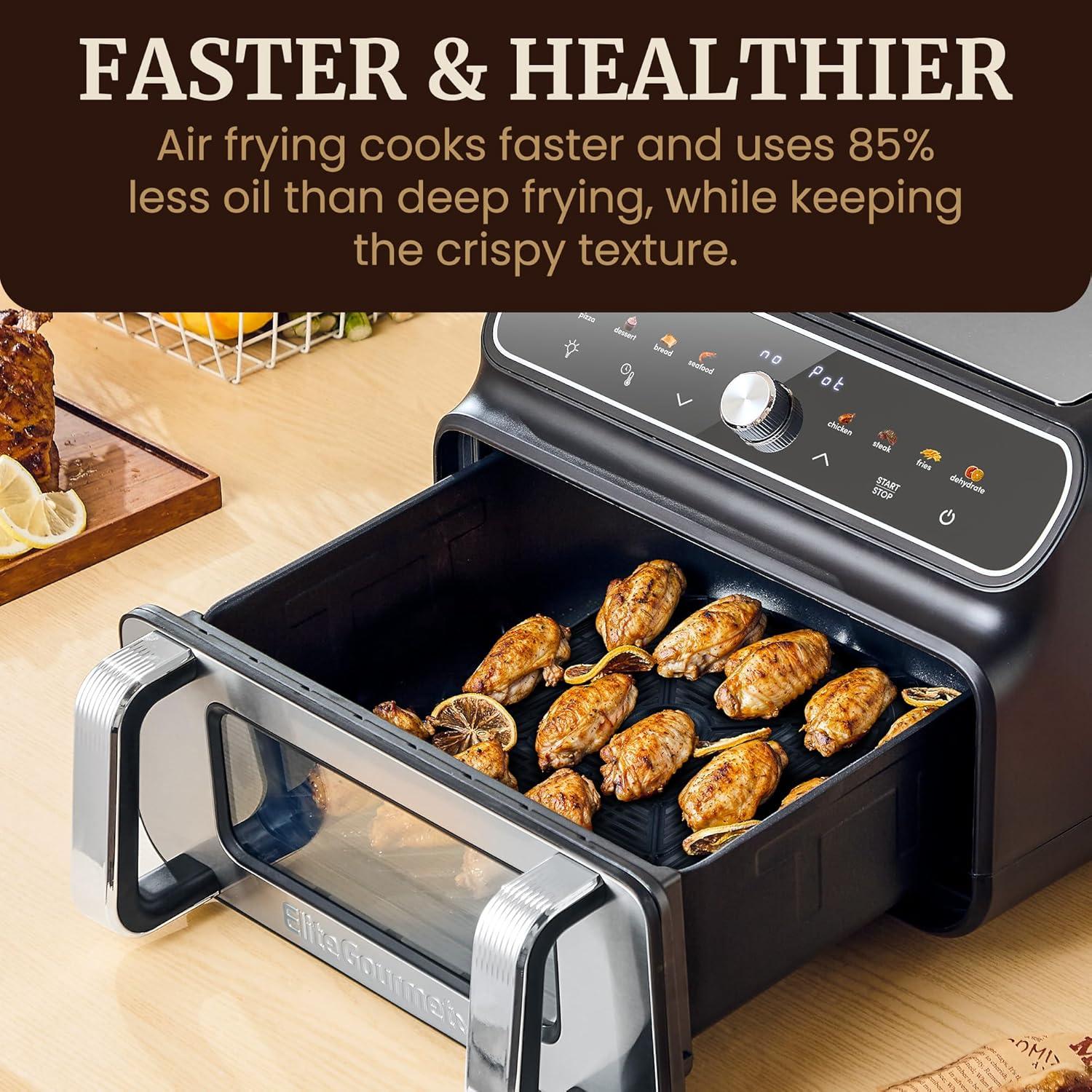 image:imageElite Gourmet EAF2411G Digital Indoor GrillAir Fryer Oven 11L Capacity Grill Rack 8 Presets Bake Roast Broil Dehydrate 1700Watts 25 Delicious Recipes StainlessSteelBlackBlack