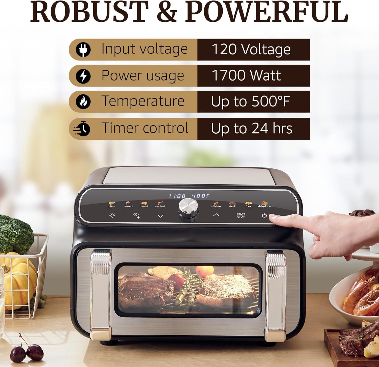 image:imageElite Gourmet EAF2411G Digital Indoor GrillAir Fryer Oven 11L Capacity Grill Rack 8 Presets Bake Roast Broil Dehydrate 1700Watts 25 Delicious Recipes StainlessSteelBlackBlack
