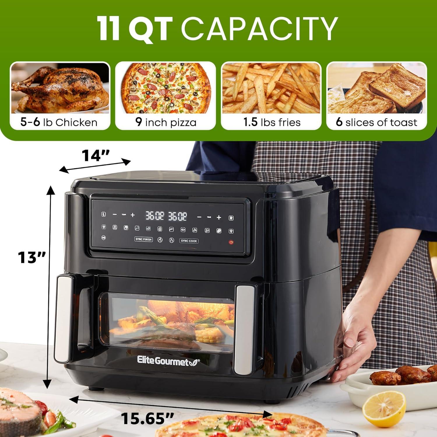 image:imageElite Gourmet EAF2411G Digital Indoor GrillAir Fryer Oven 11L Capacity Grill Rack 8 Presets Bake Roast Broil Dehydrate 1700Watts 25 Delicious Recipes StainlessSteelBlackBlack