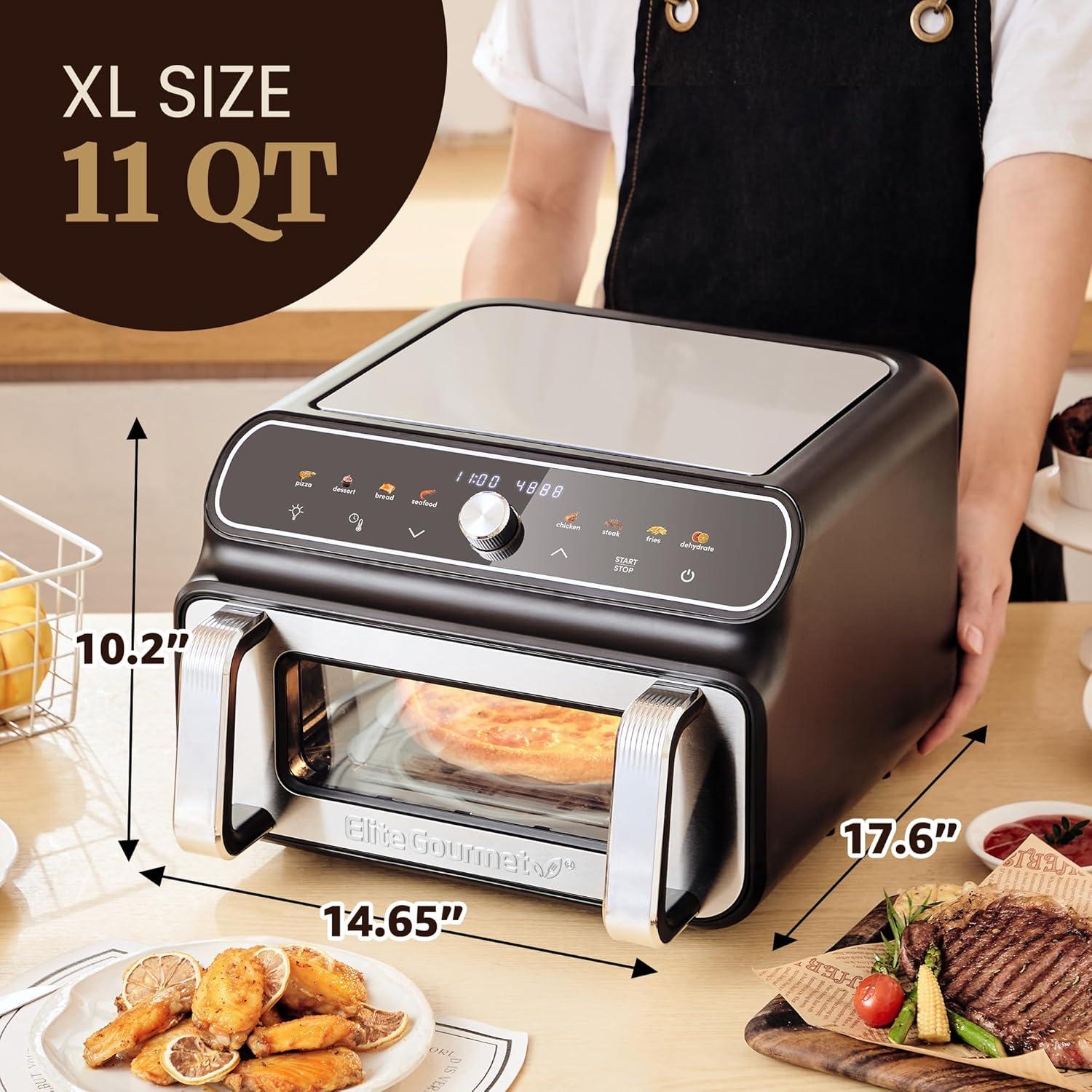 image:imageElite Gourmet EAF2411G Digital Indoor GrillAir Fryer Oven 11L Capacity Grill Rack 8 Presets Bake Roast Broil Dehydrate 1700Watts 25 Delicious Recipes StainlessSteelBlackBlack