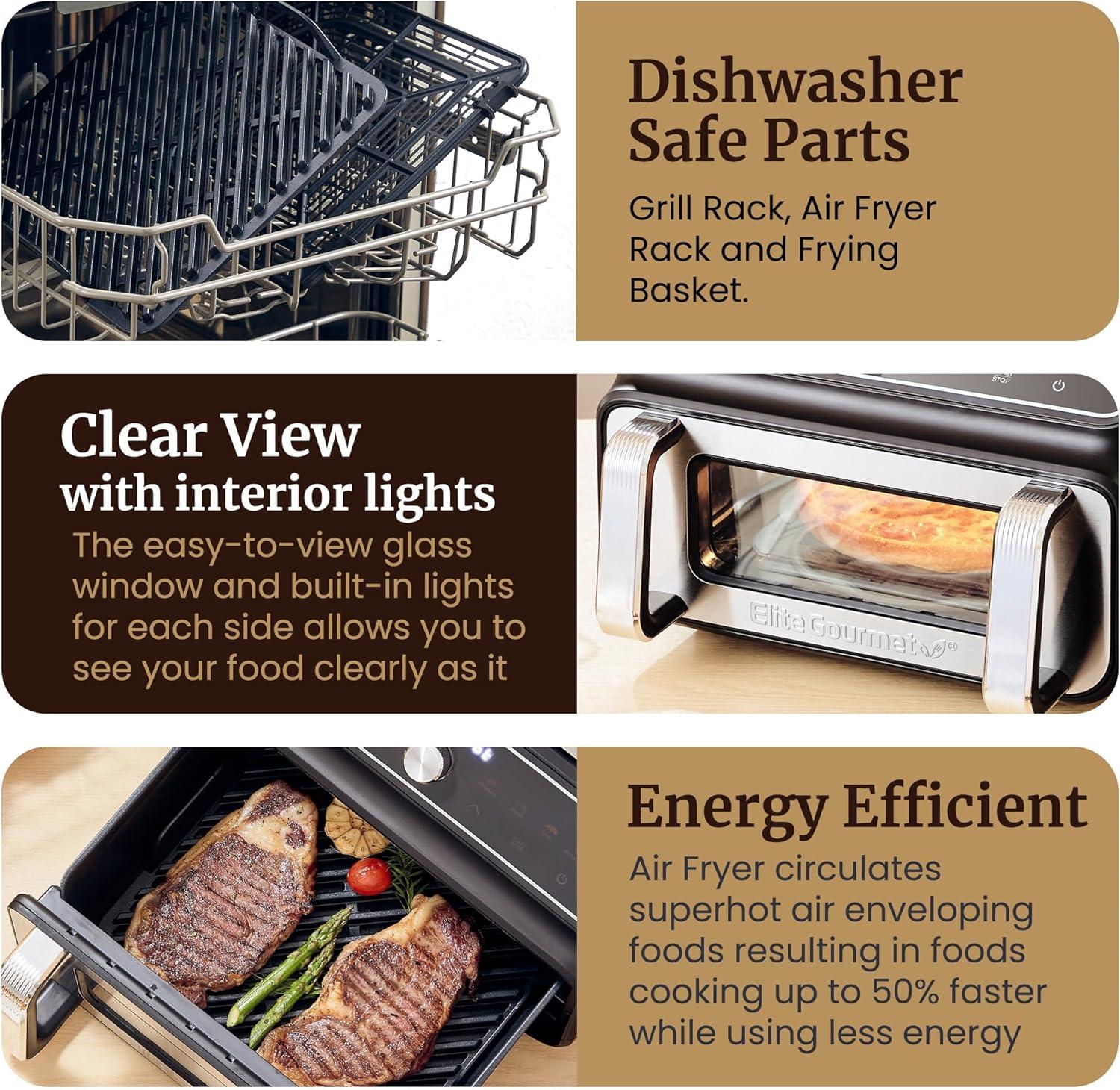 image:imageElite Gourmet EAF2411G Digital Indoor GrillAir Fryer Oven 11L Capacity Grill Rack 8 Presets Bake Roast Broil Dehydrate 1700Watts 25 Delicious Recipes StainlessSteelBlackBlack