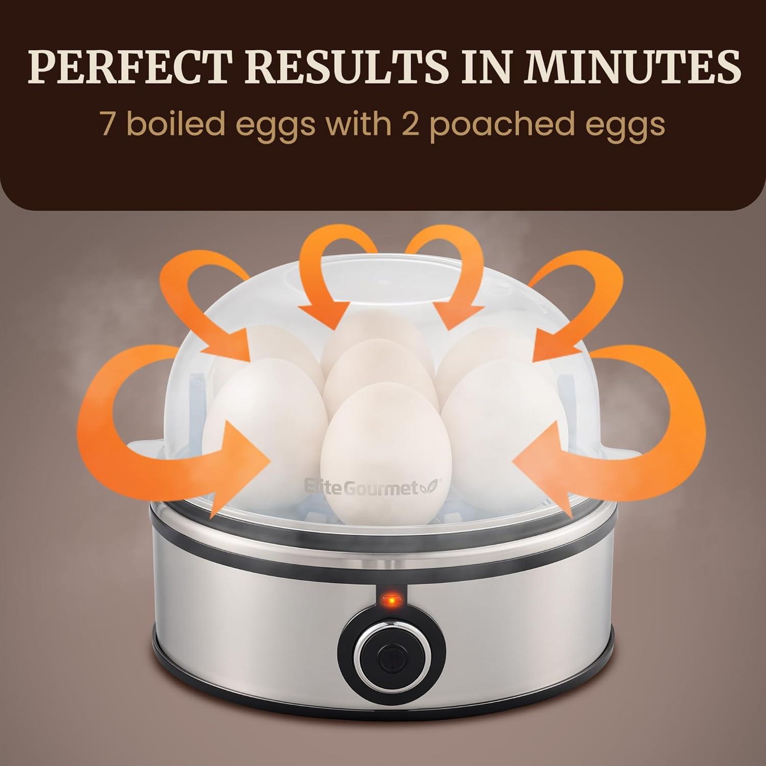 image:imageElite Gourmet EGC007 Rapid Egg Cooker 7 EasyToPeel Hard Medium Soft Boiled Eggs Poacher Omelet Maker Auto ShutOff Alarm 16Recipe Booklet WhiteStainless Steel