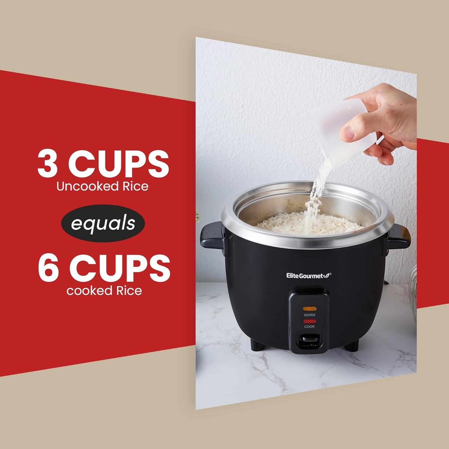 image:imageElite Gourmet ERC003B Electric Rice Cooker with Automatic Keep Warm Makes Soups Stews Grains Hot Cereals 6 Cups Cooked 3 Cups Uncooked BlackBlack
