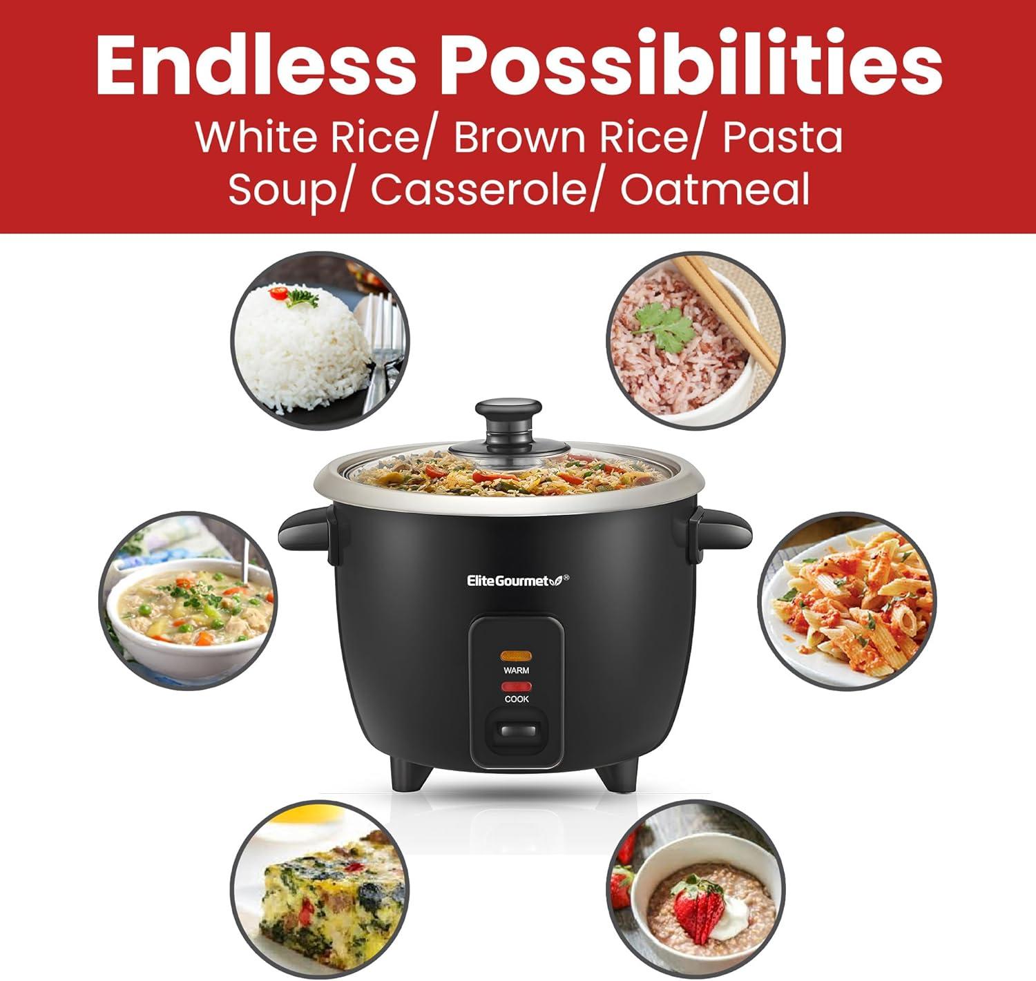 image:imageElite Gourmet ERC003B Electric Rice Cooker with Automatic Keep Warm Makes Soups Stews Grains Hot Cereals 6 Cups Cooked 3 Cups Uncooked BlackBlack