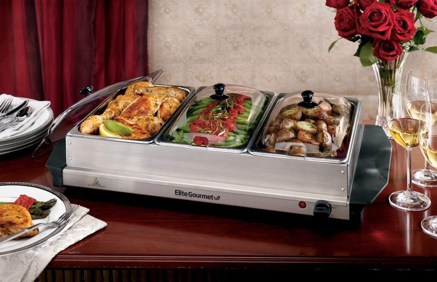 image:imageElite Gourmet EWM6171 Triple 3 x 25 Qt Trays Buffet Server Food Warmer Temperature Control Clear Slotted Lids Perfect for Parties Entertaining amp Holidays 75 Qt Total Stainless Steel