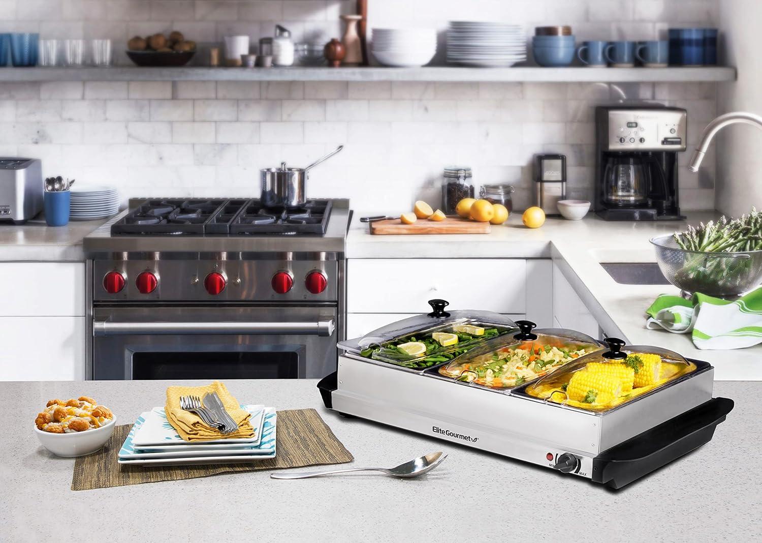 image:imageElite Gourmet EWM6171 Triple 3 x 25 Qt Trays Buffet Server Food Warmer Temperature Control Clear Slotted Lids Perfect for Parties Entertaining amp Holidays 75 Qt Total Stainless Steel