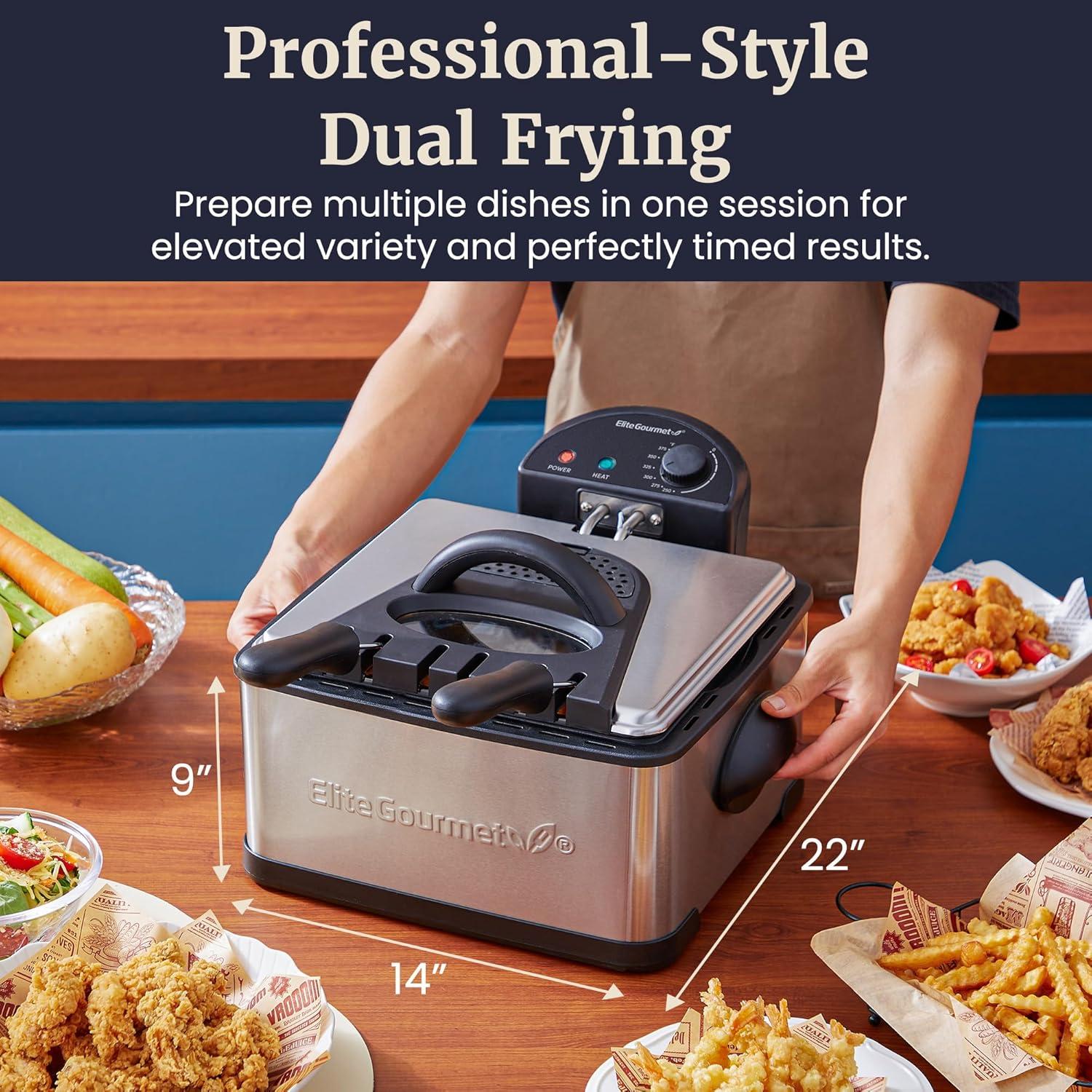 image:imageElite Gourmet Electric Deep Fryer 45 Qt Total Oil Capacity Dual 2Qt Split Baskets 1700 Watts Stainless Steel Separates Foods for Simultaneous Cooking Stainless SteelStainless Steel and Black