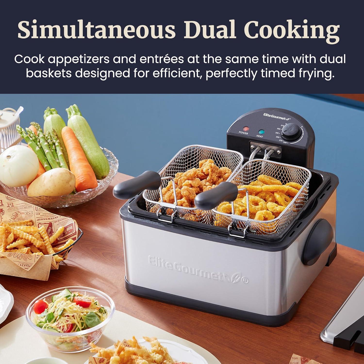 image:imageElite Gourmet Electric Deep Fryer 45 Qt Total Oil Capacity Dual 2Qt Split Baskets 1700 Watts Stainless Steel Separates Foods for Simultaneous Cooking Stainless SteelStainless Steel and Black