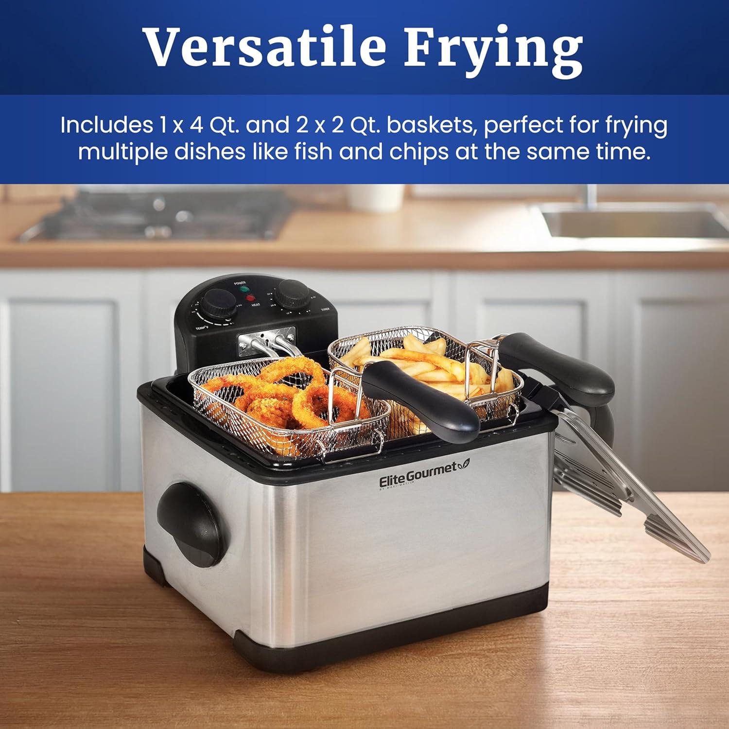 image:imageElite Gourmet Electric Deep Fryer 45 Qt Total Oil Capacity Dual 2Qt Split Baskets 1700 Watts Stainless Steel Separates Foods for Simultaneous Cooking Stainless SteelStainless Steel and Black