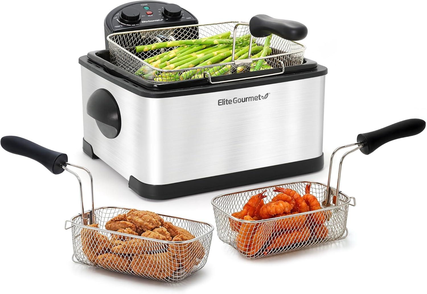 image:imageElite Gourmet Electric Deep Fryer 45 Qt Total Oil Capacity Dual 2Qt Split Baskets 1700 Watts Stainless Steel Separates Foods for Simultaneous Cooking Stainless SteelStainless Steel and Black