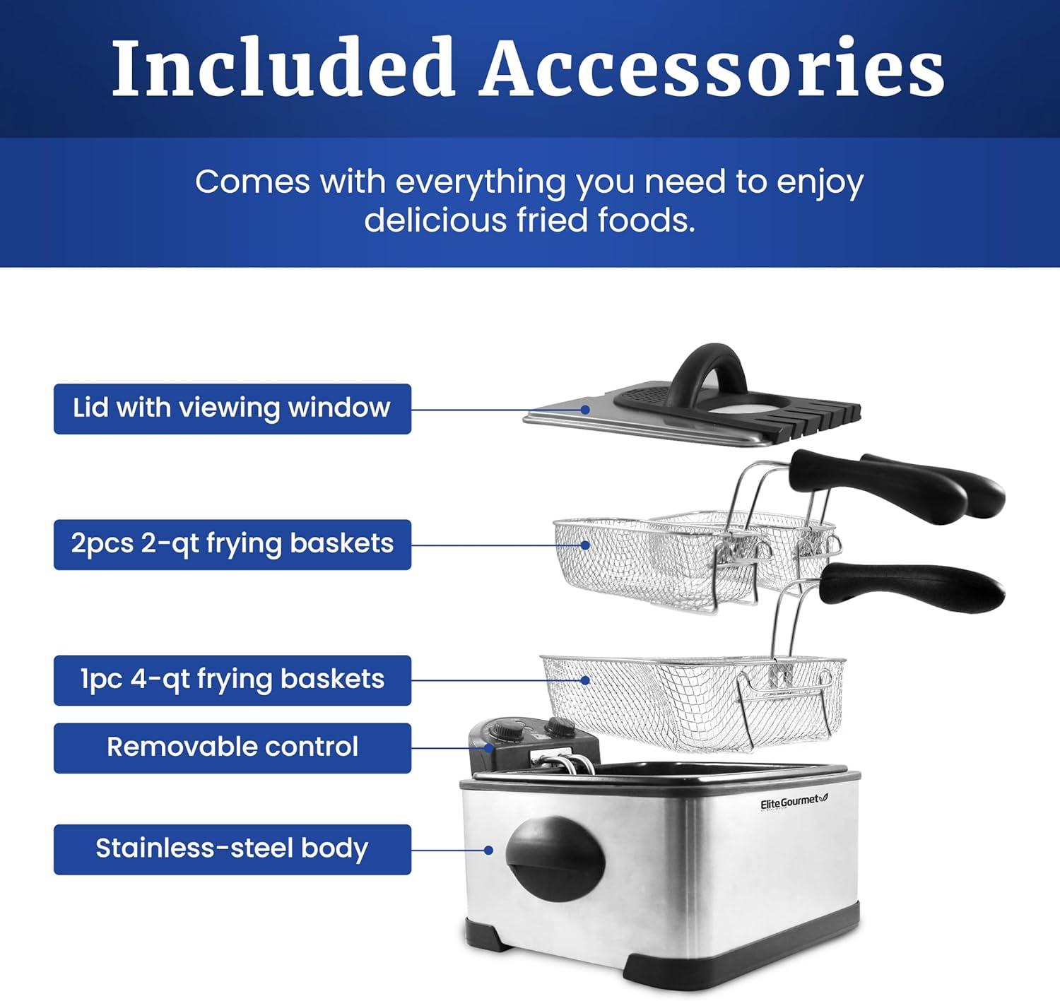 image:imageElite Gourmet Electric Deep Fryer 45 Qt Total Oil Capacity Dual 2Qt Split Baskets 1700 Watts Stainless Steel Separates Foods for Simultaneous Cooking Stainless SteelStainless Steel and Black