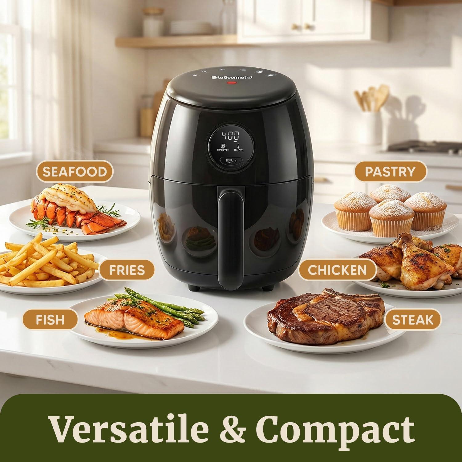 image:imageElite Gourmet Glass Air Fryer 24 Qt Compact Size for 12 People PFASFree Ceramic amp Glass Basket Visible Cooking Adjustable Temp 175400F 1150W Black21 Quart